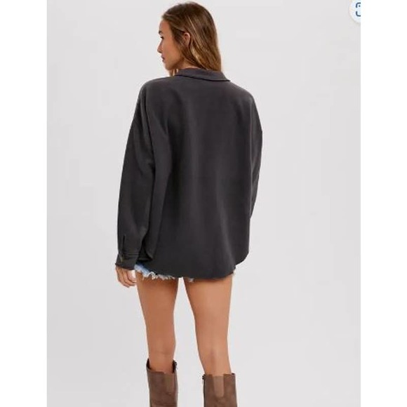 Smoke Grey Brushed Terry Button Up Front Pockets Shacket - Picture 2 of 5